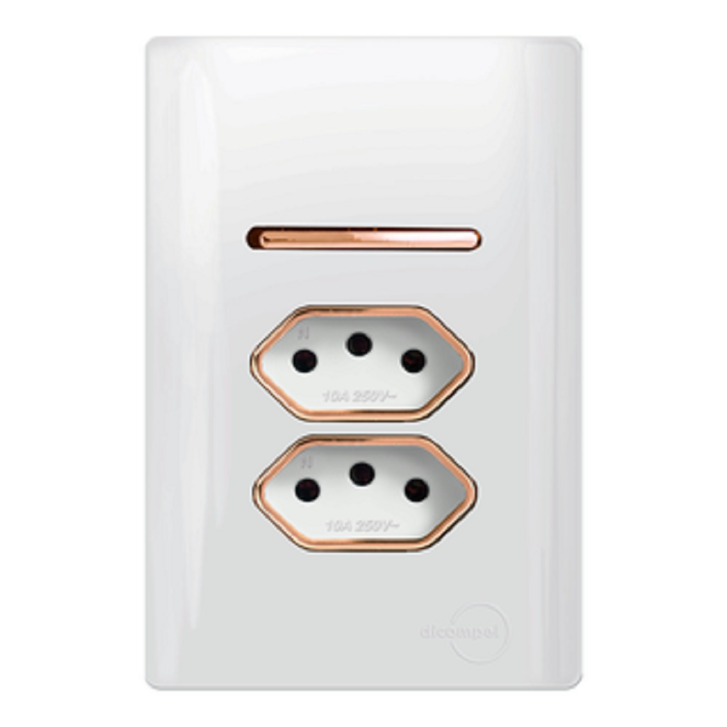 1 Interruptor Simples com 2 Tomadas 20A Branca com Ouro Rose
