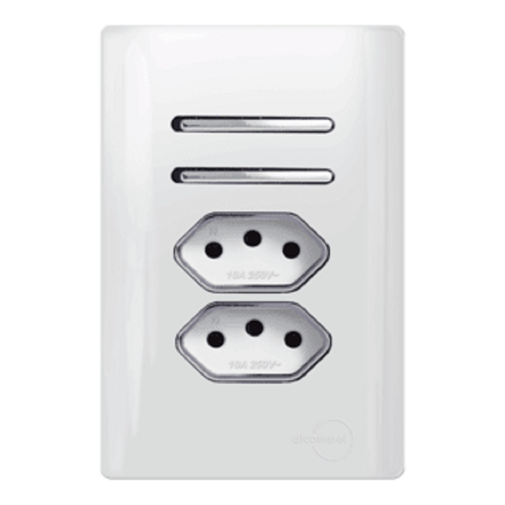 Interruptor 2 Teclas Simples + 2 Tomada 10a Novara Branco com Crom
