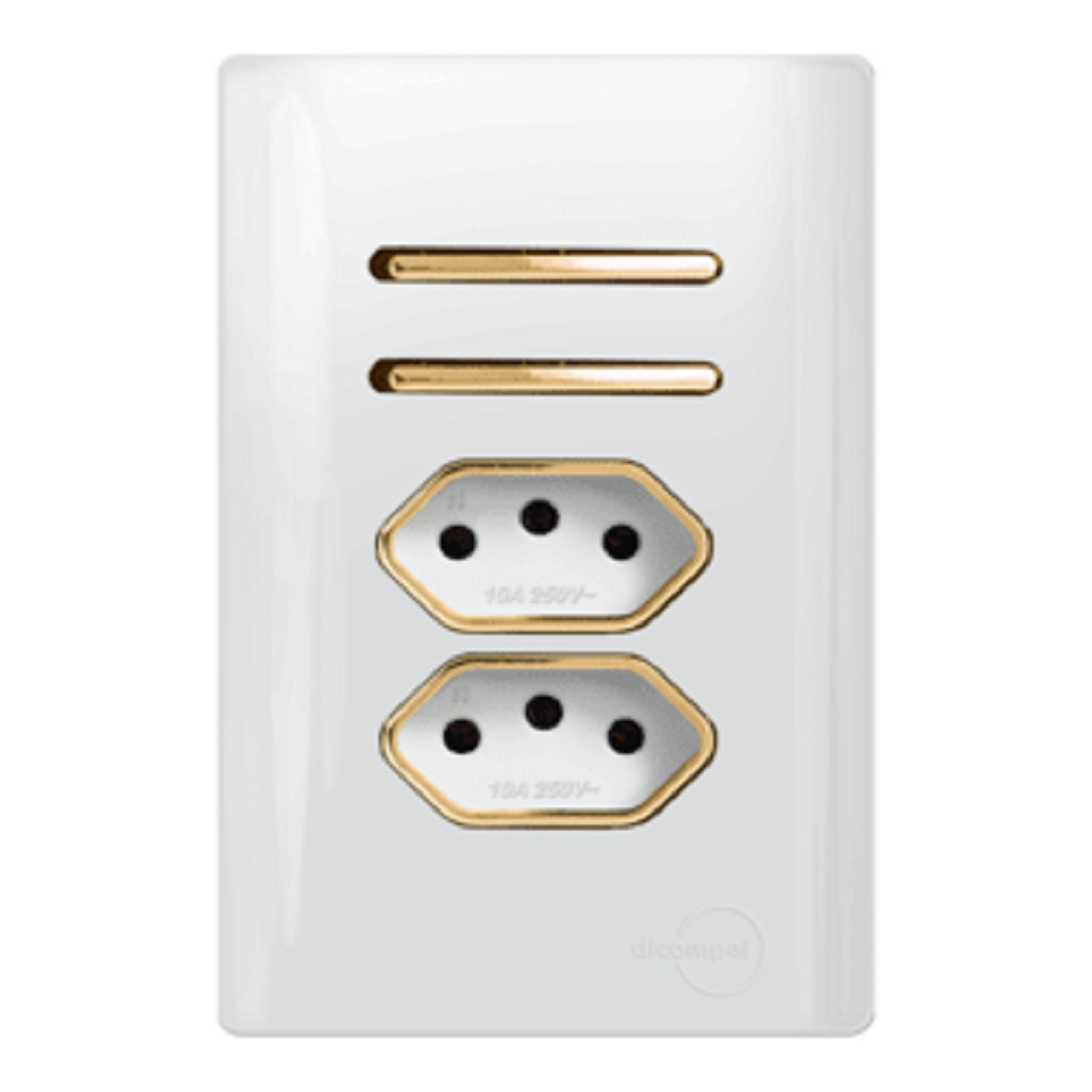 Interruptor 2 Teclas Simples com 2 Tomadas 10A e 20A Novara Branco Gold