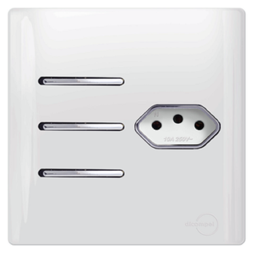 3 Teclas Simples com Tomada 20A - Branco com Cromado