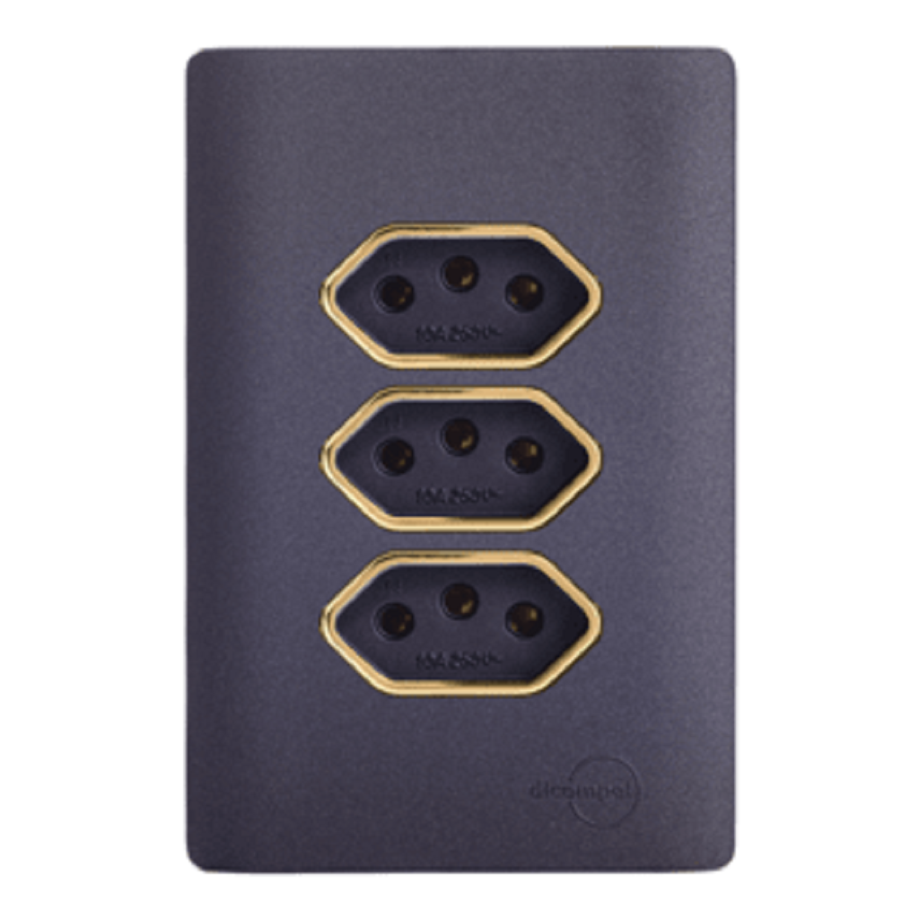 Tomada Tripla 1 10A e 2 20A Preto/Grafite com Gold