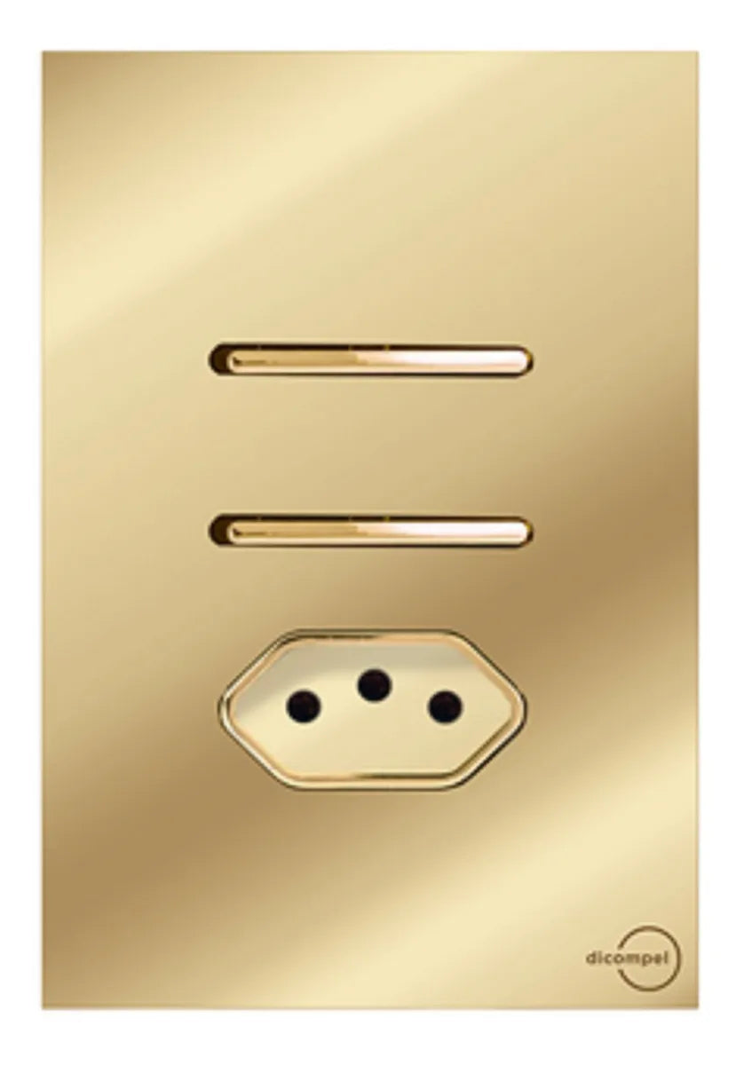 Interruptor 2 Simples + 1 Tomada 10a Novara Glass Dourada