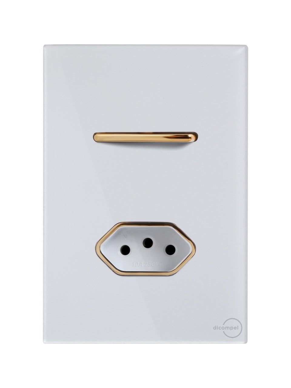 Interruptor 1 Tecla Simples com Tomada 10A Novara Glass Branco com Gold