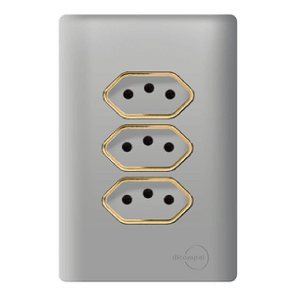 Tomada Tripla 1 10A 2 20A Novara Aço Gold