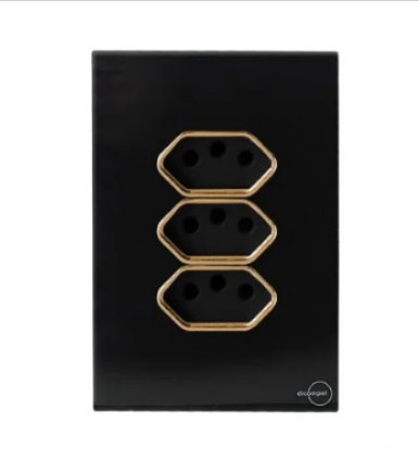 Tomada Tripla 10A Novara Glass Preta com Gold
