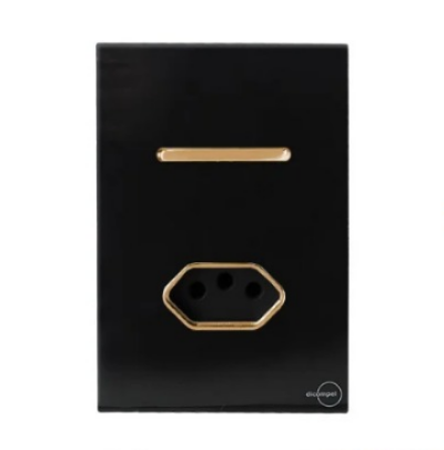 Interruptor 1 Tecla Simples com Tomada 10A Novara Glass Preta com Gold