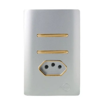 Interruptor Duplo Simples com Tomada 10A Prata com Gold Novara
